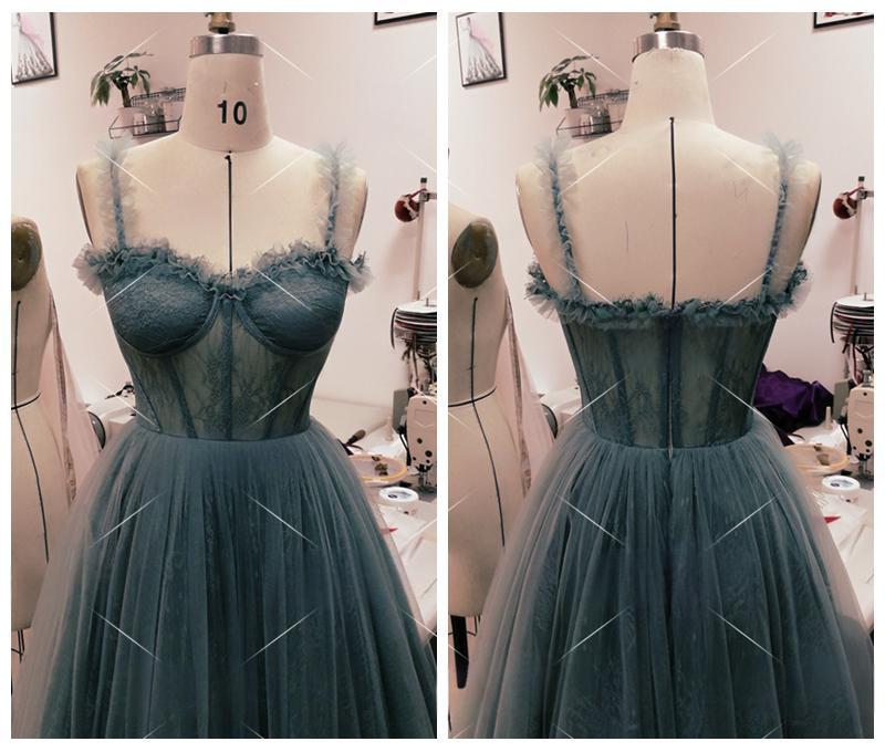 Blue Gray Lace Tulle Tea-length Formal Prom Celebrity Inspired Dress Pinterest