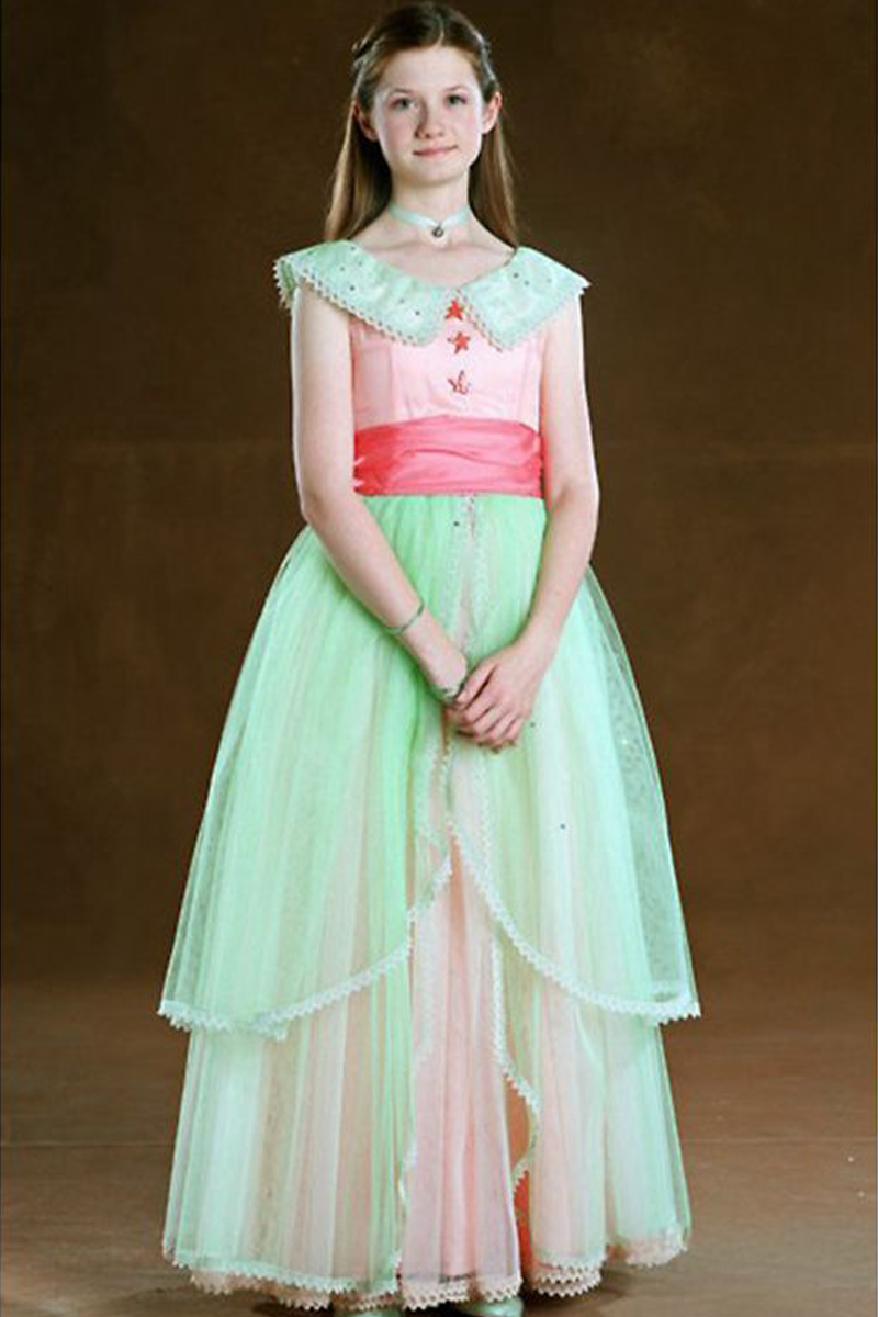 Ginny Weasley Inspired Pastel Pink & Green Off-the-Shoulder Tiered Chiffon Yule Ball Gown from “Harry Potter”