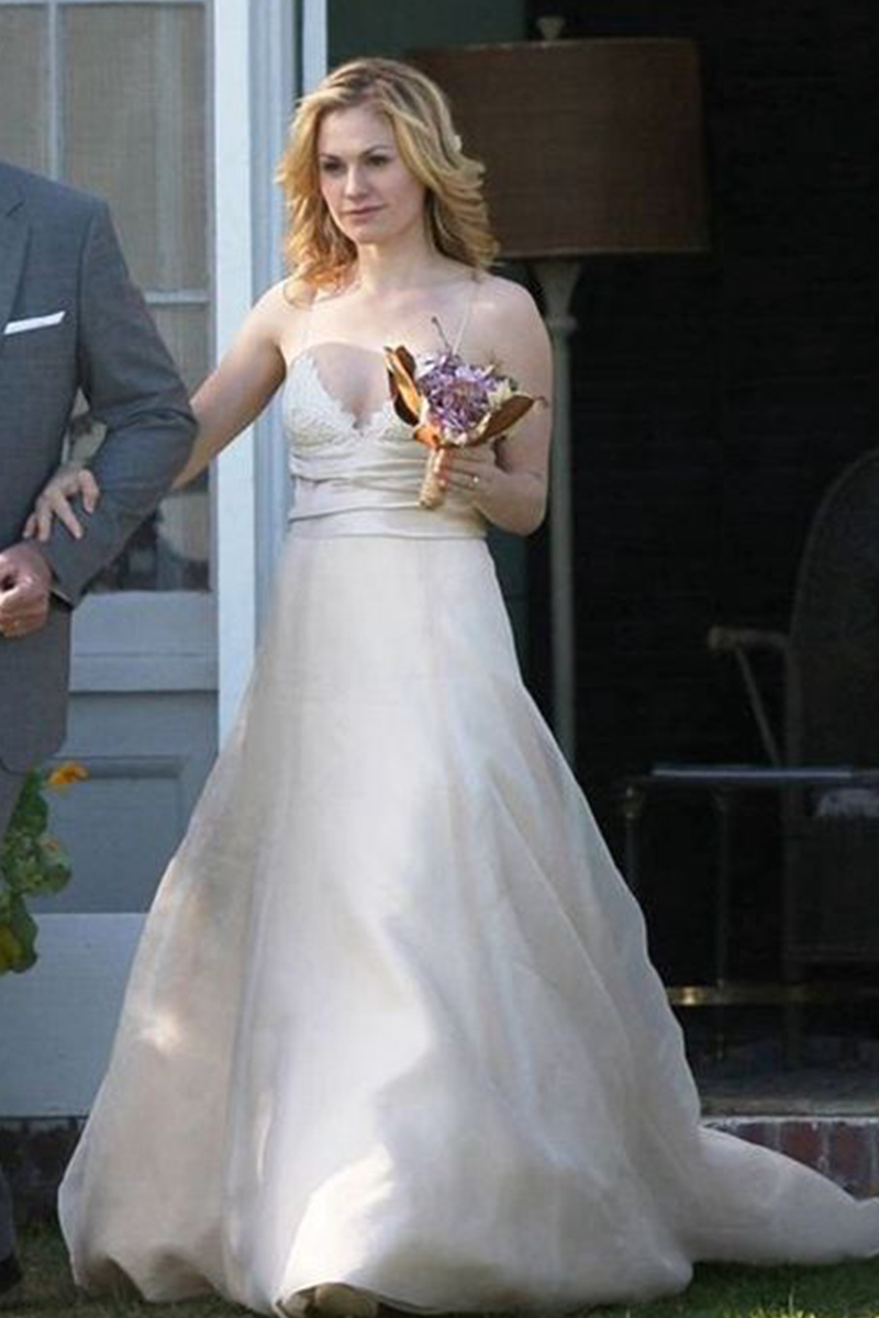 Anna Paquin Inspired White Spaghetti Straps V-neck Celebrity Wedding Dress The Romantics