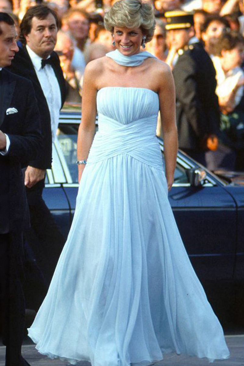 Princess Diana Inspired Blue Strapless Chiffon Formal Prom Celebrity Evening Dress