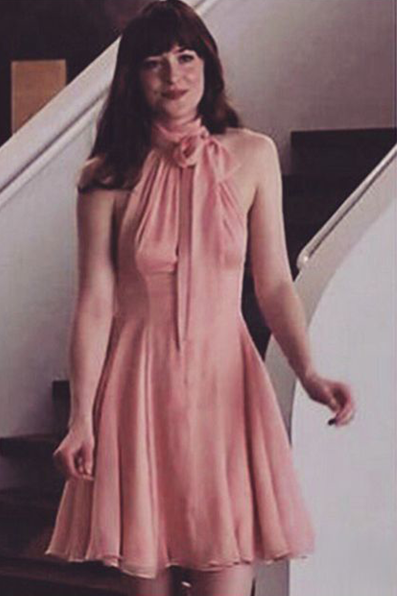 Dakota Johnson Inspired Short Pink Chiffon Dress in Movie "Fifty Shades of Grey"