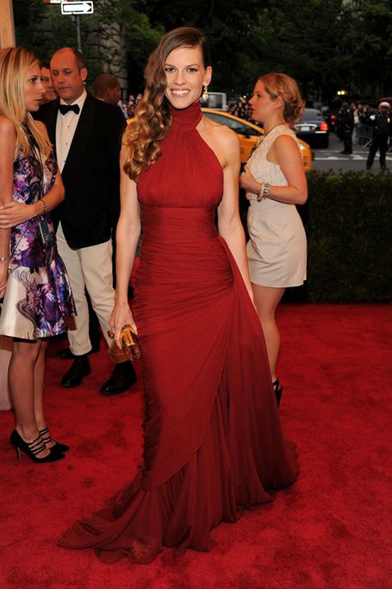 Hilary Swank Inspired Red High-neck Chiffon Celebrity Formal Prom Dress Met Gala 2012