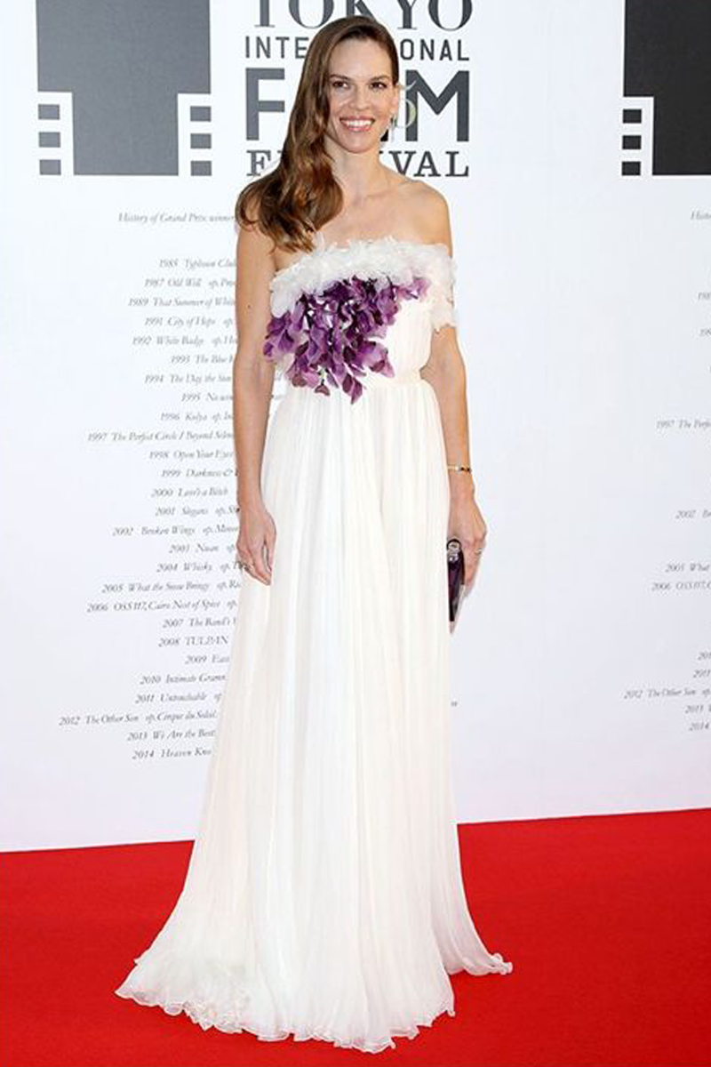 Hilary Swank Inspired White and Purple Strapless Chiffon Celebrity Formal Prom Dress