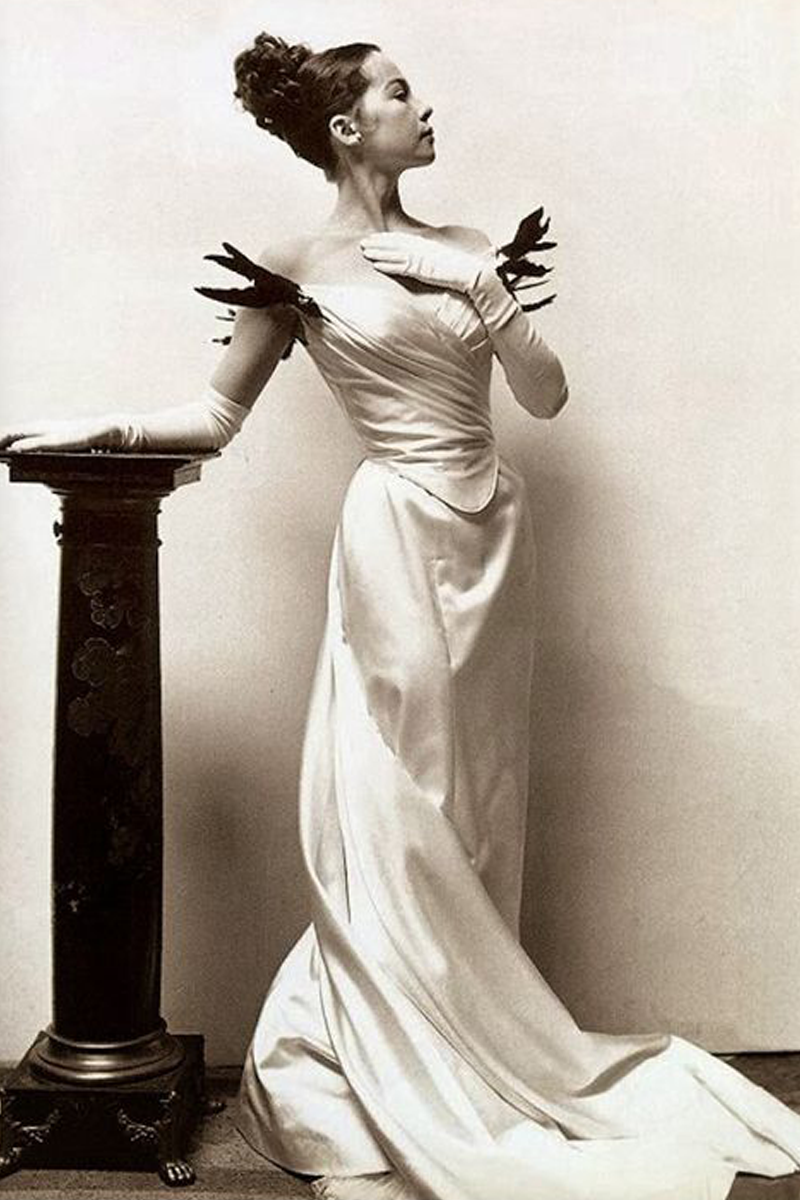 Leslie Caron White Off-the-shoulder Satin Celebrity Evening Dress in 1950s Movie "Gigi"
