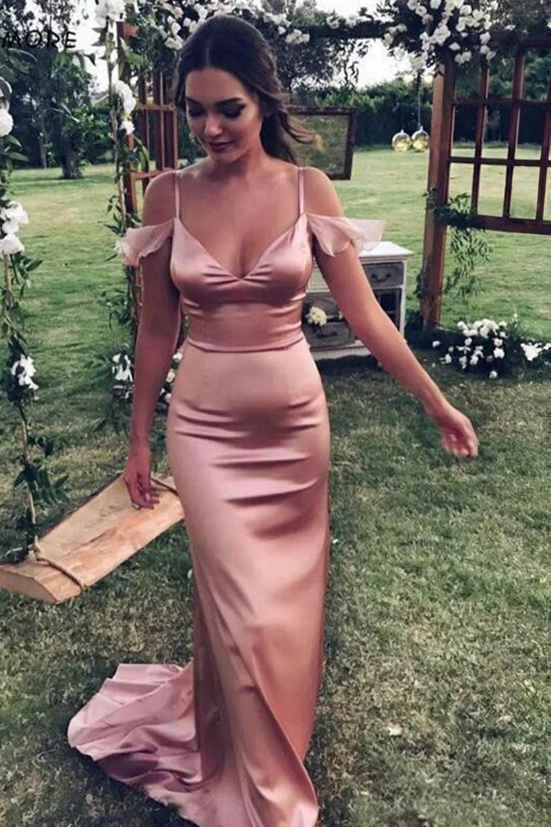 Rose Pink Satin Spaghetti Straps Formal Prom Party Bridesmaid Celebrity Dress