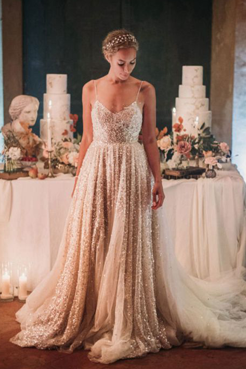 Leona Lewis Champagne Sequin Tulle Spaghetti Straps Celebrity Wedding Reception Dress