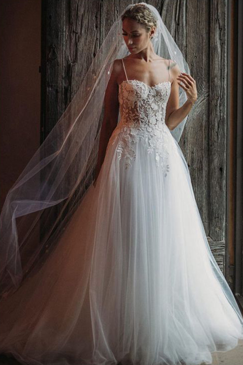 Leona Lewis Inspired Spaghetti Straps A-line Lace Tulle Celebrity Wedding Dress