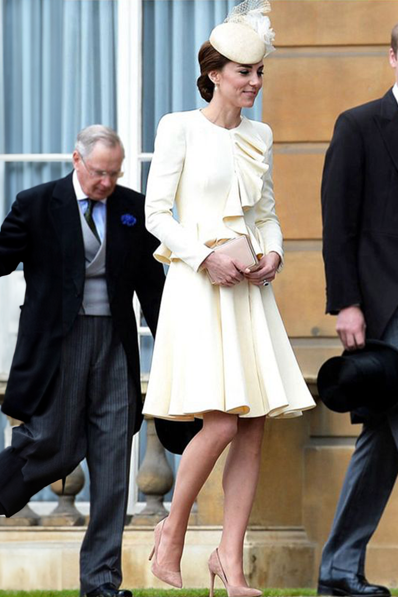 Kate Middleton Inspired Cream Long-sleeve Ruffled Dress Celebrity Outfit