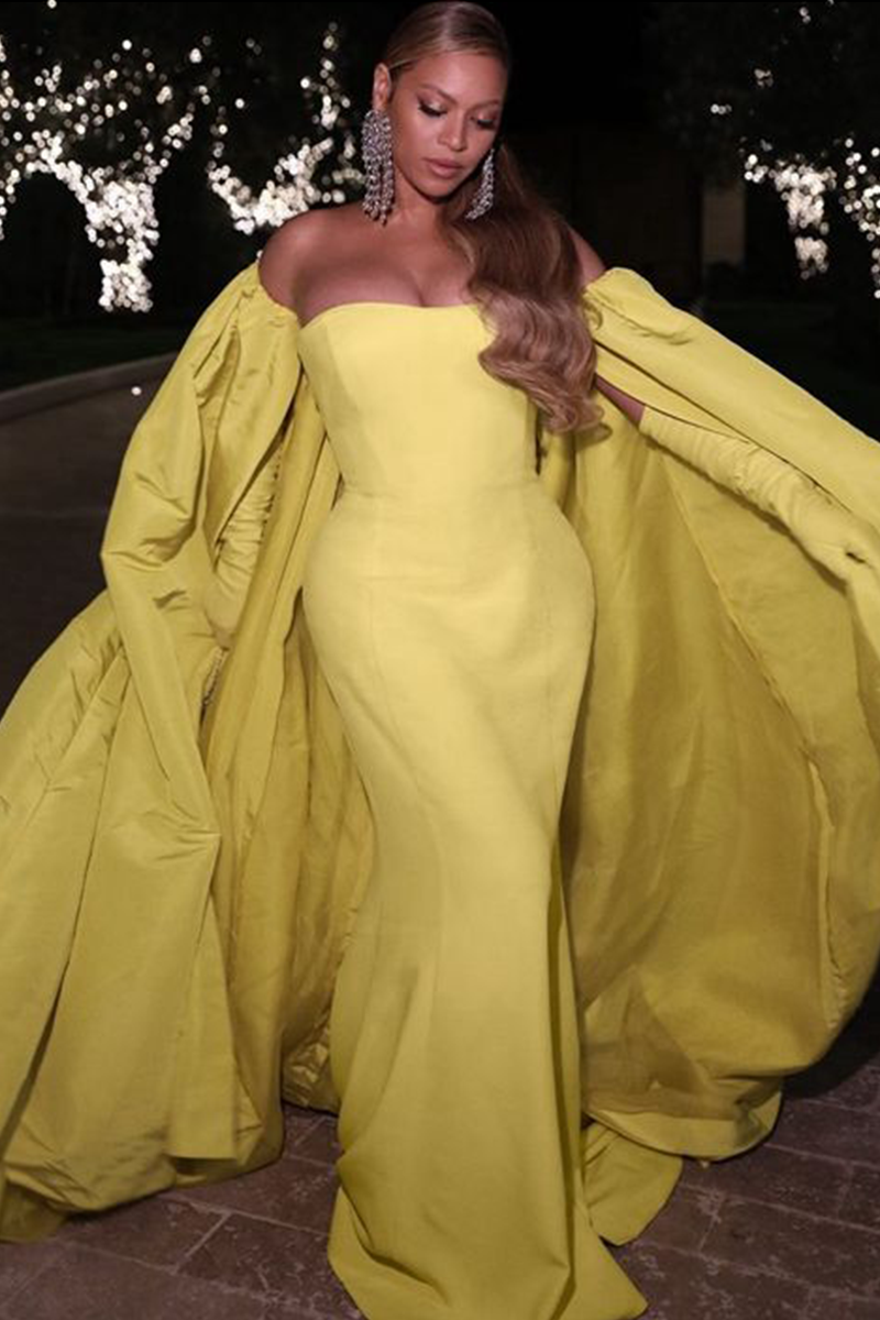 Beyonce Inspired Yellow Strapless Dress with Cape Oscars 2022