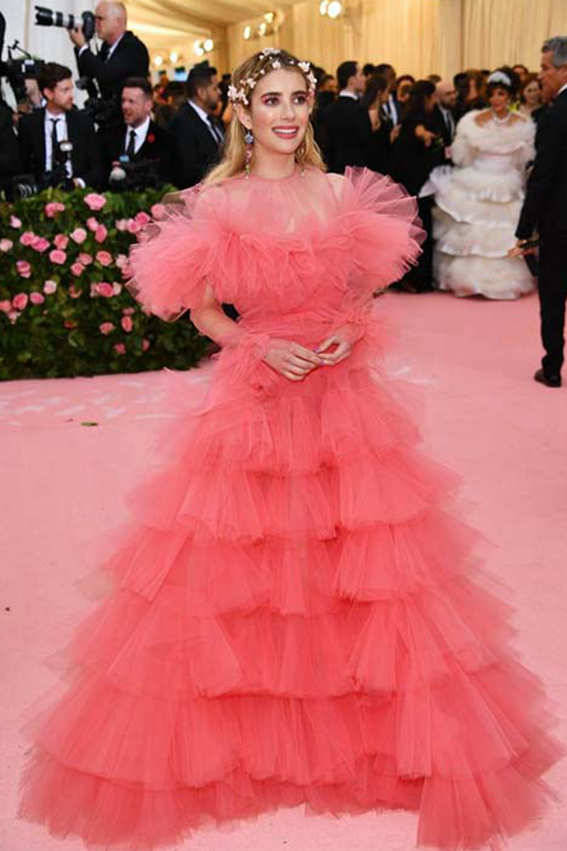 Emma Roberts Coral Long-sleeve Tulle Formal Prom Celebrity Dress Met Gala 2019