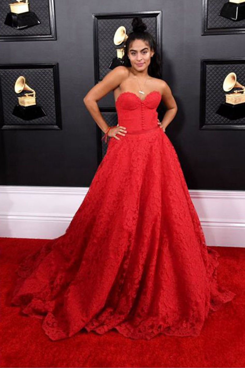 Jessie Reyez Red Strapless Lace Ball Gown Formal Prom Dress Grammys 2020