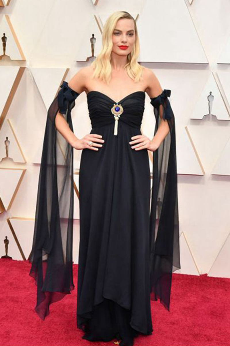 Margot Robbie Black Long-sleeves Chiffon Formal Prom Celebrity Dress Oscars 2020