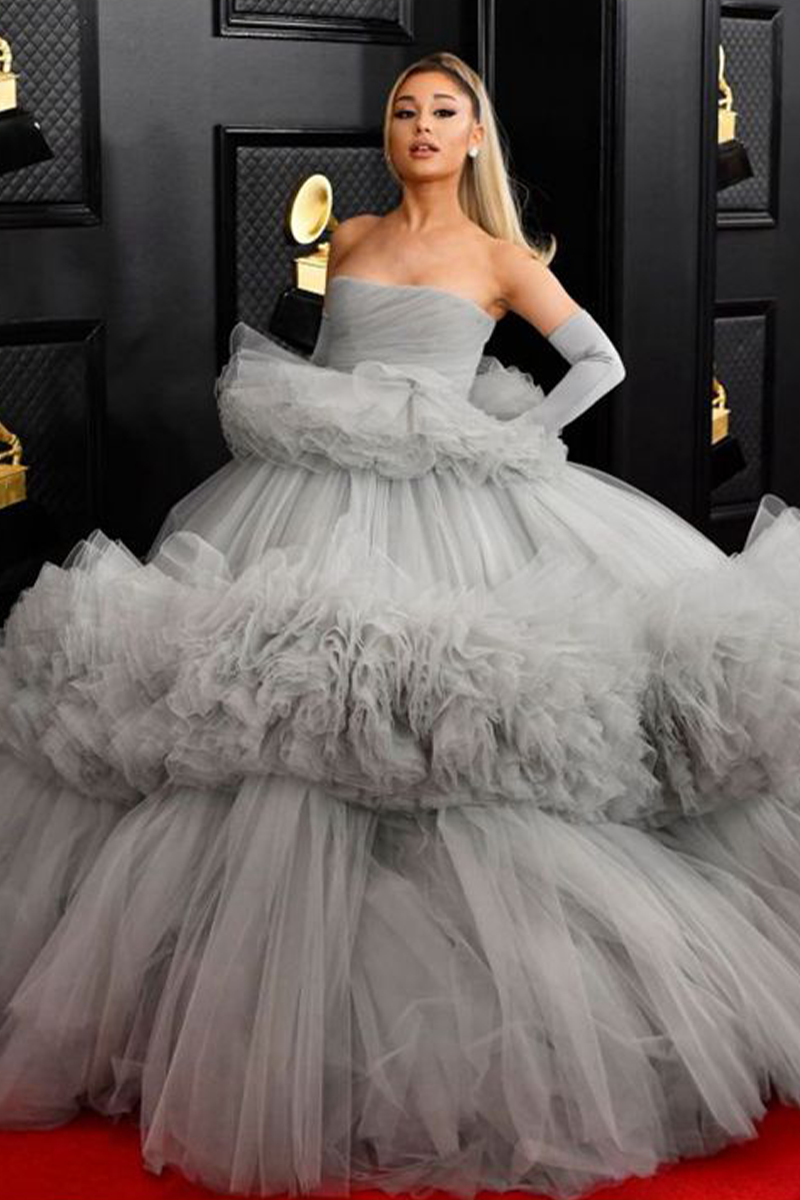 Ariana Grande Gray Tulle Dress Grammys 2020
