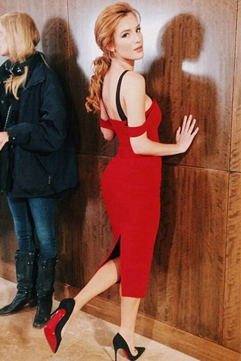 Paige Bella Thorne Red Off-the-Shoulder Sheath Cocktail Dress Famous In Love