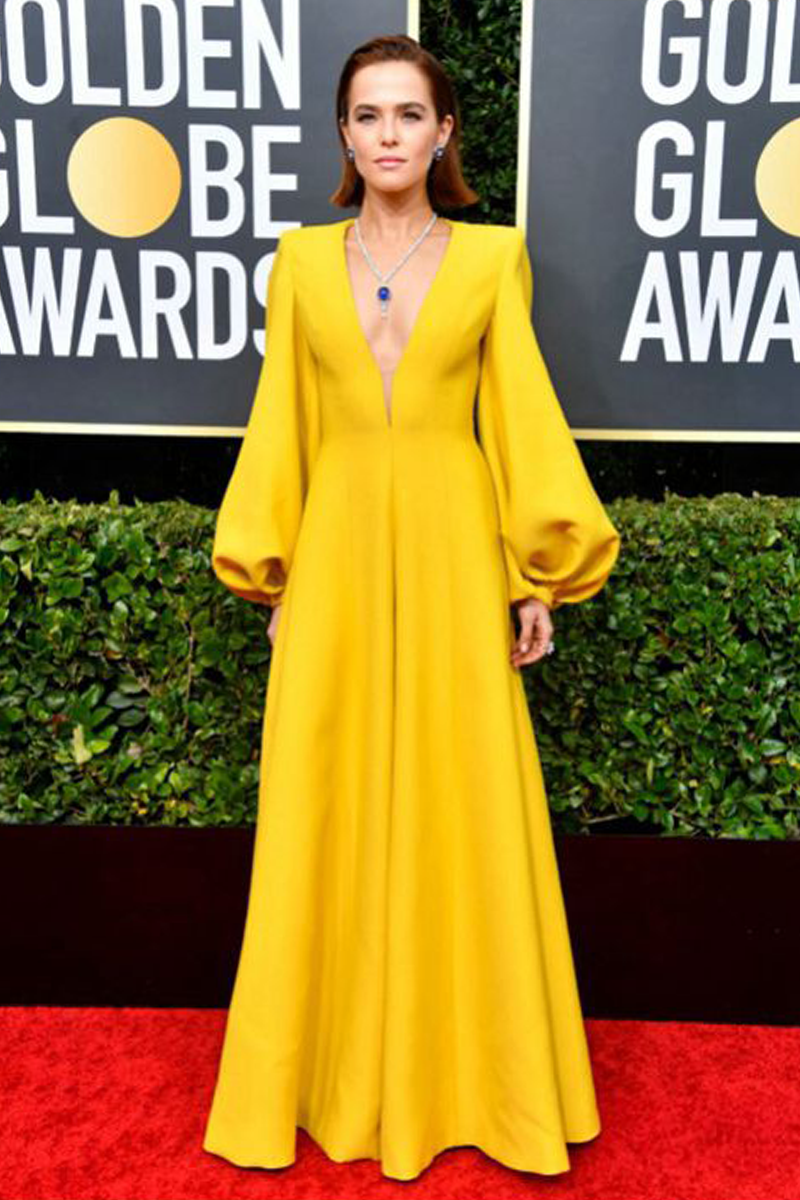 Zoey Deutch Yellow Plunging V-neck Long-sleeve Jumpsuit Golden Globes 2020