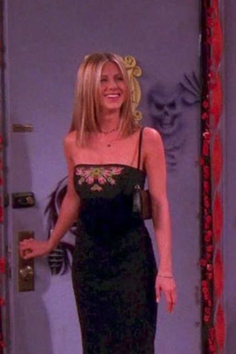 Rachel Green Black Strapless Embroidered Midi Dress in Friends