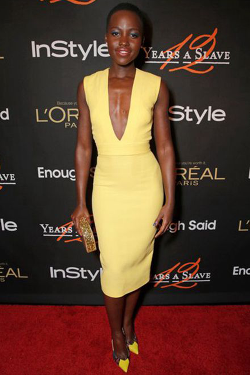 Lupita Nyong鈥檕 Inspired Short Yellow Plunging V-neck Cocktail Party Celebrity Dress