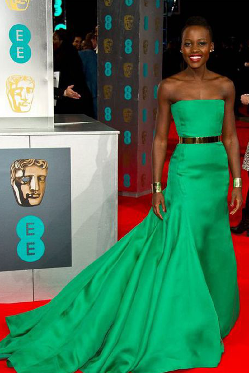 Lupita Nyong'o Green Strapless Satin Mermaid Formal Prom Dress BAFTA 2014