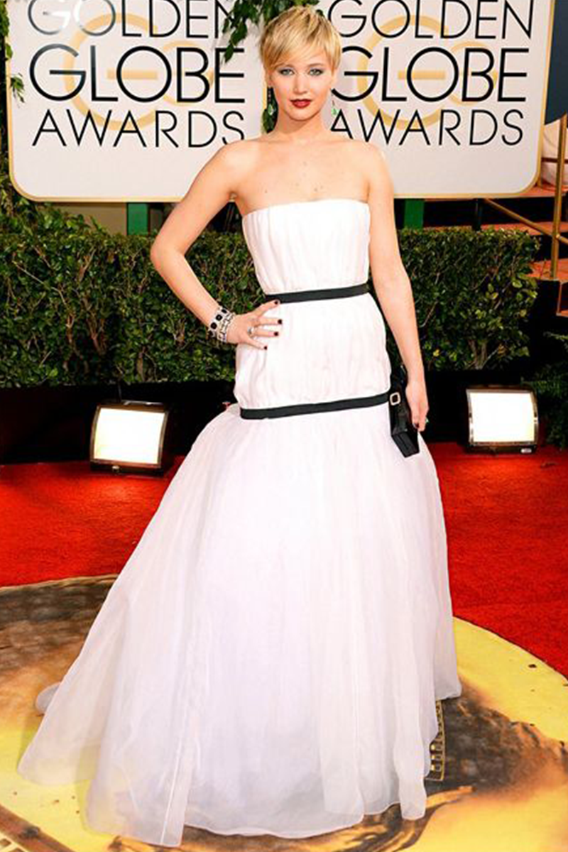 Jennifer Lawrence White Strapless Formal Prom Celebrity Dress Golden Globes 2014