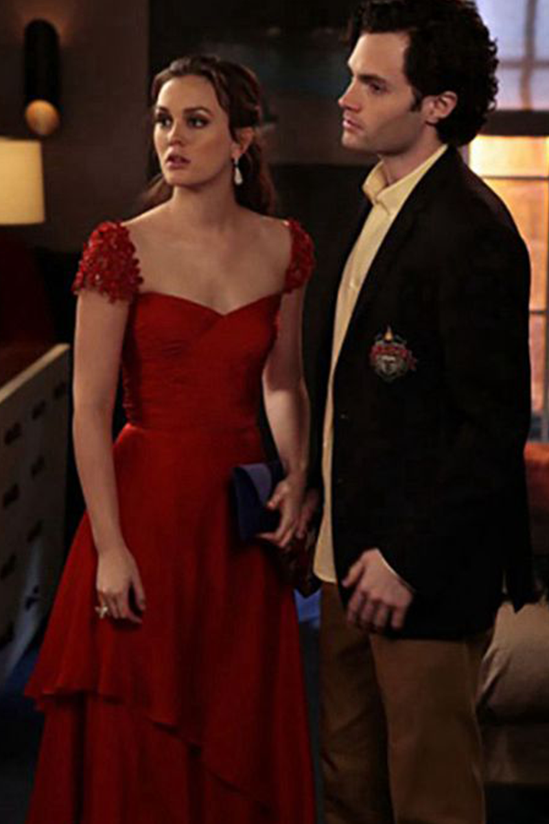 Leighton Meester Blair Waldorf Red Cap-sleeve Formal Prom Dress Gossip Girl