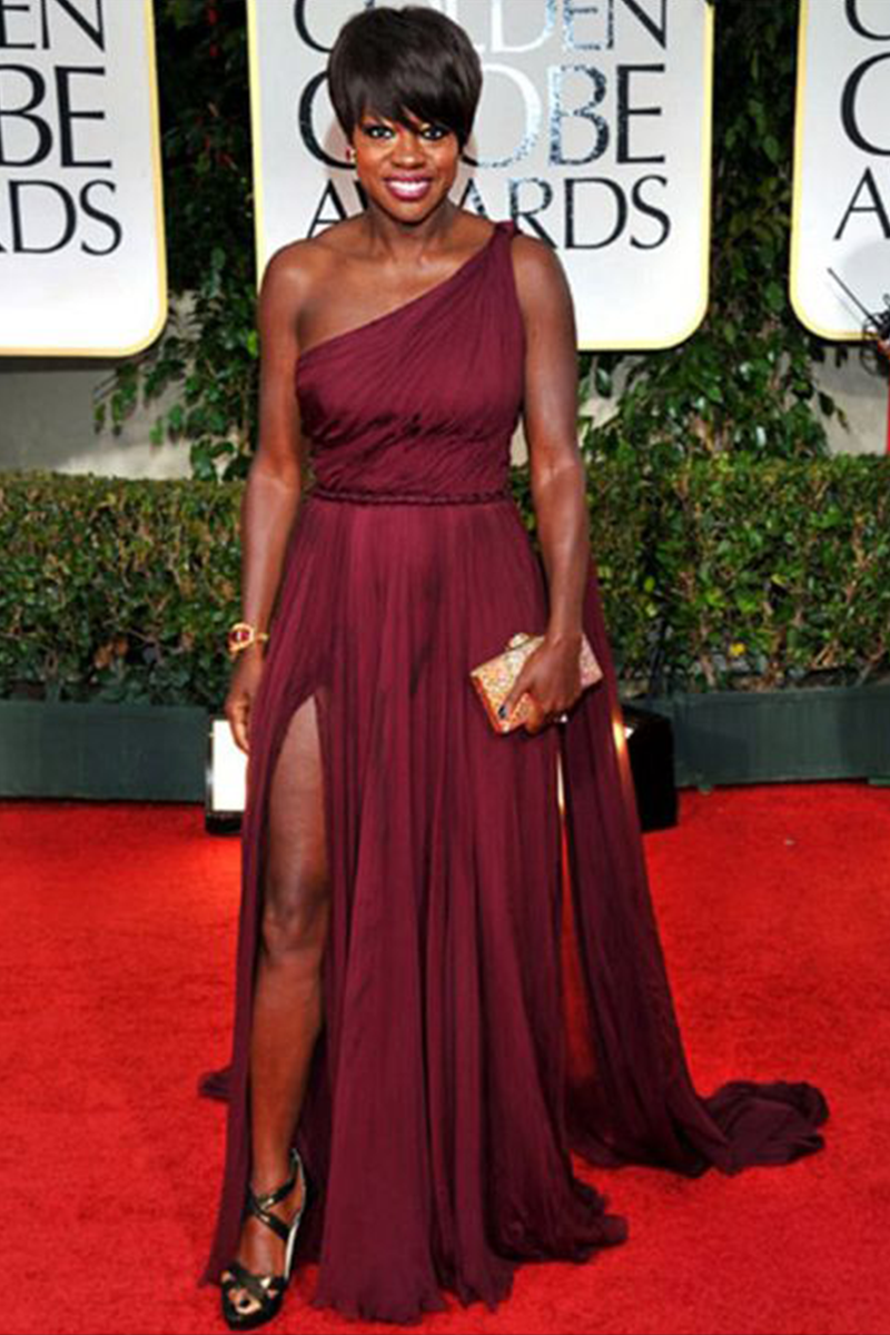 Viola Davis Burgundy One-Shoulder Chiffon Formal Dress Golden Globes 2012