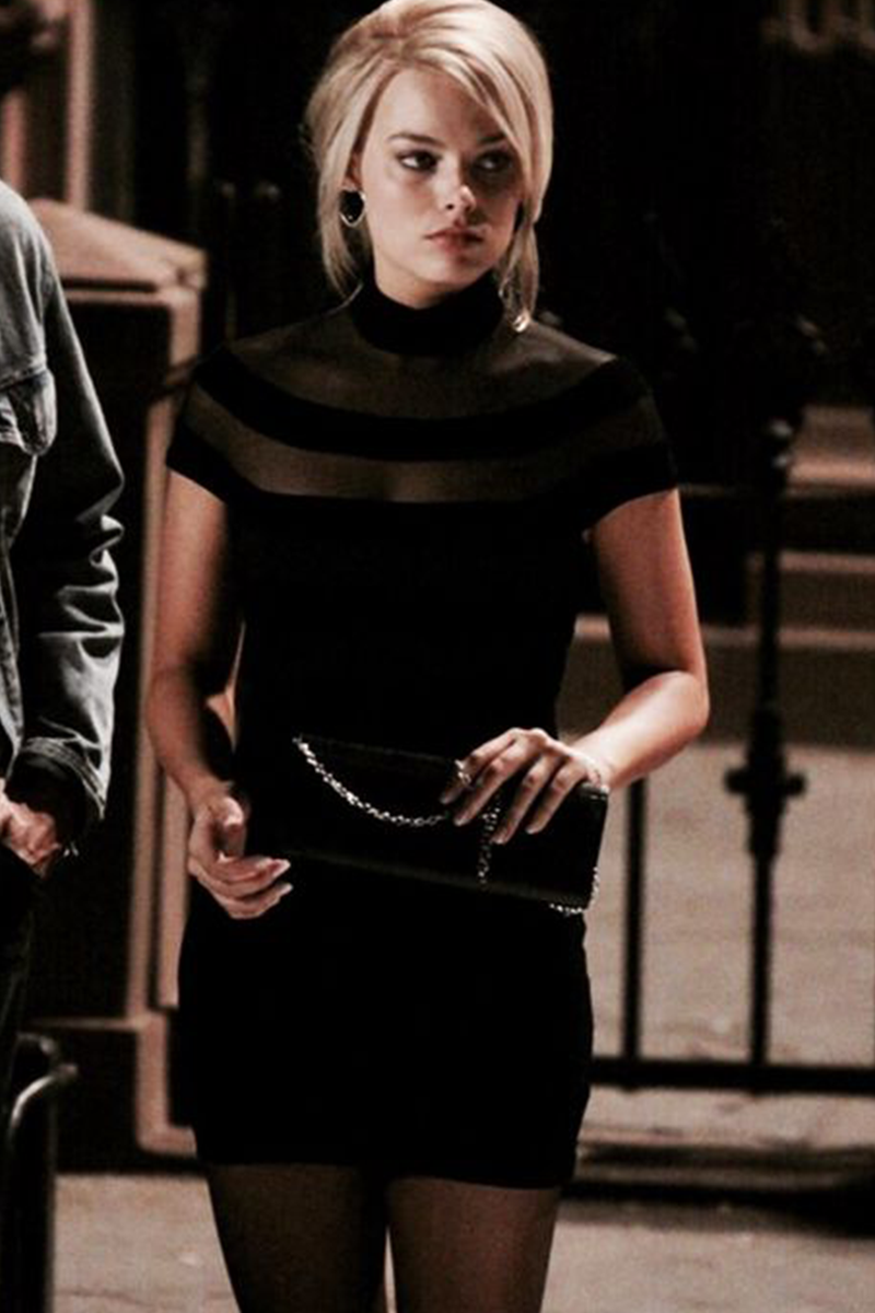 Margot Robbie Inspired Little Black Dress in The Wolf of Wall Street – Elegant Sheath Silhouette with Illusion High Neck and Knee-Length Design