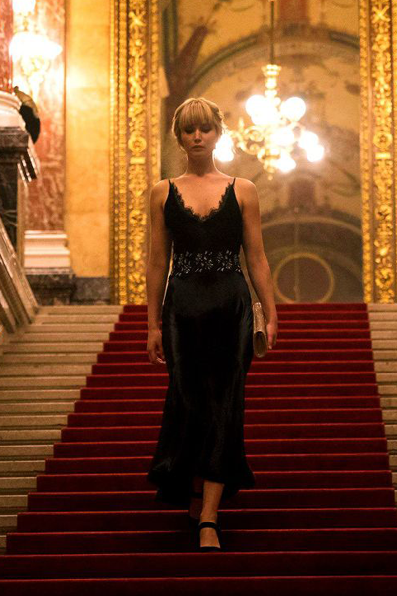 Jennifer Lawrence Black Lace Spaghetti Straps V-neck Dress in Movie "Red Sparrow"