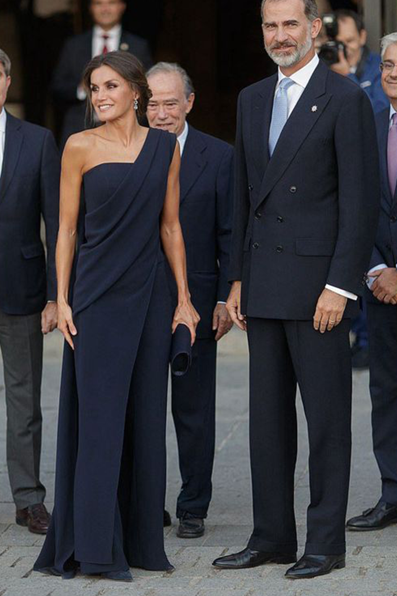 Queen Letizia Inspired Navy One-shoulder Celebrity Formal Jumpsuit