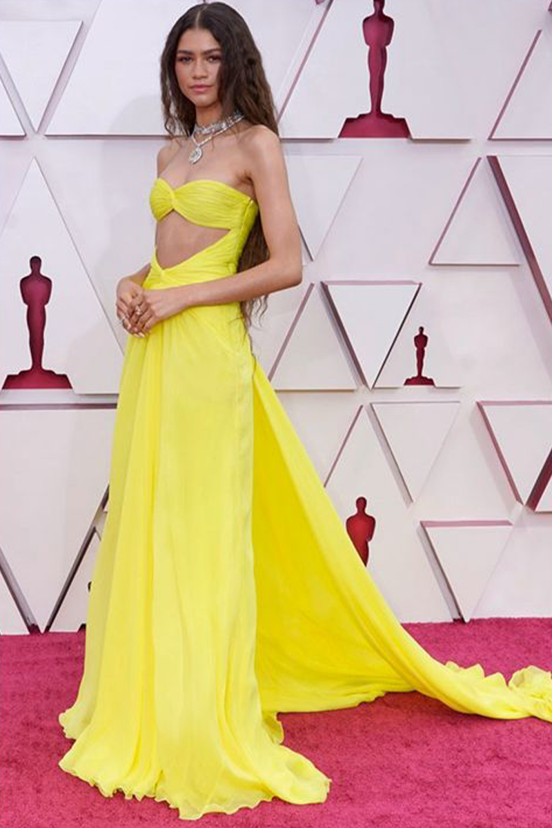 Zendaya Inspired Yellow Strapless Chiffon Celebrity Formal Prom Dress Oscars 2021