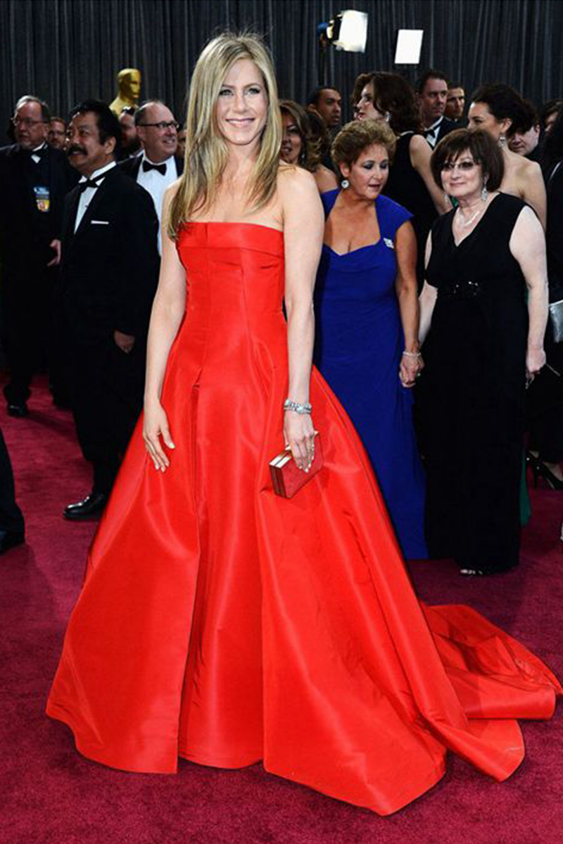 Jennifer Aniston Red Strapless Ball Gown Oscars 2013