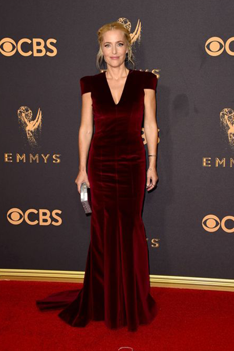 Gillian Anderson Burgundy Velvet Mermaid Dress Emmys 2017