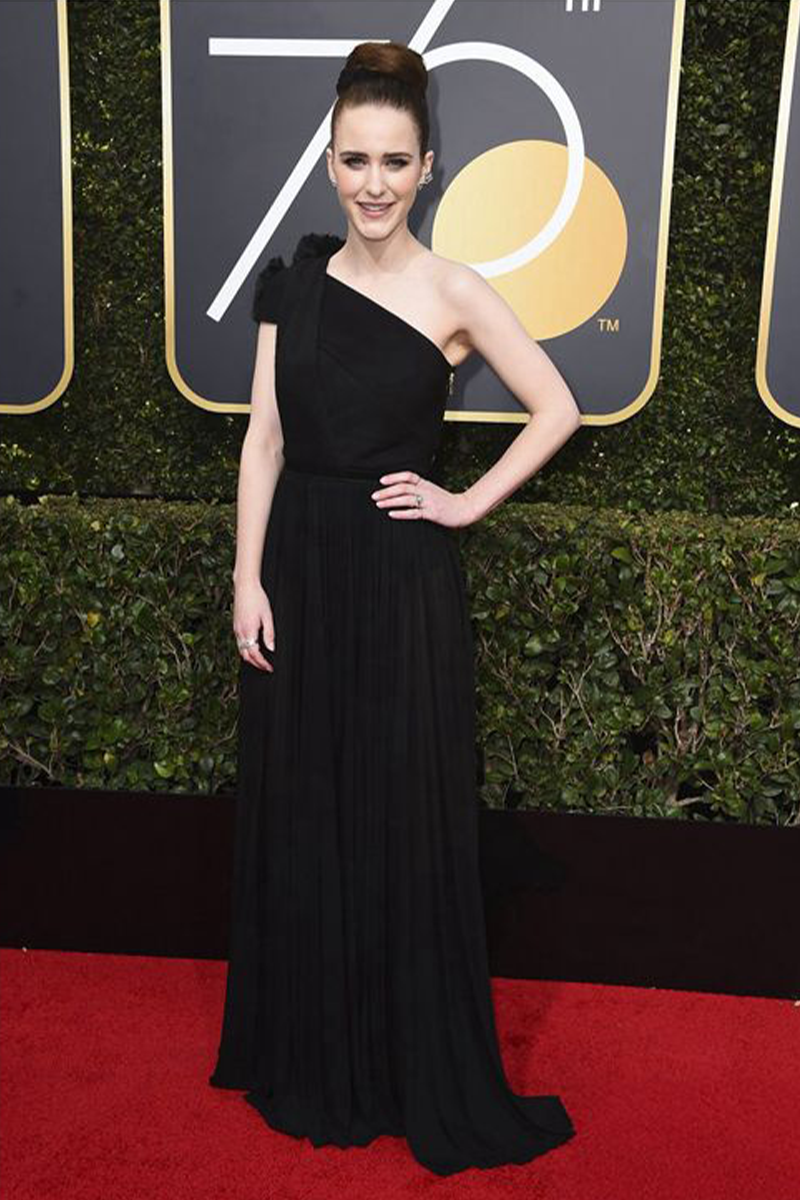 Rachel Brosnahan Black One-Shoulder Pleated Formal Dress Golden Globes 2018