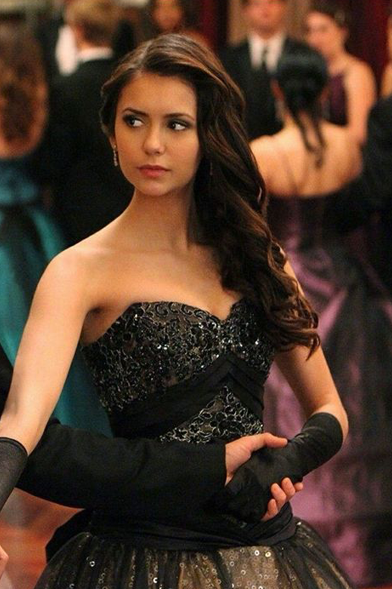 Nina Dobrev Black Strapless Sequin Ball Gown Dress in The Vampire Diaries