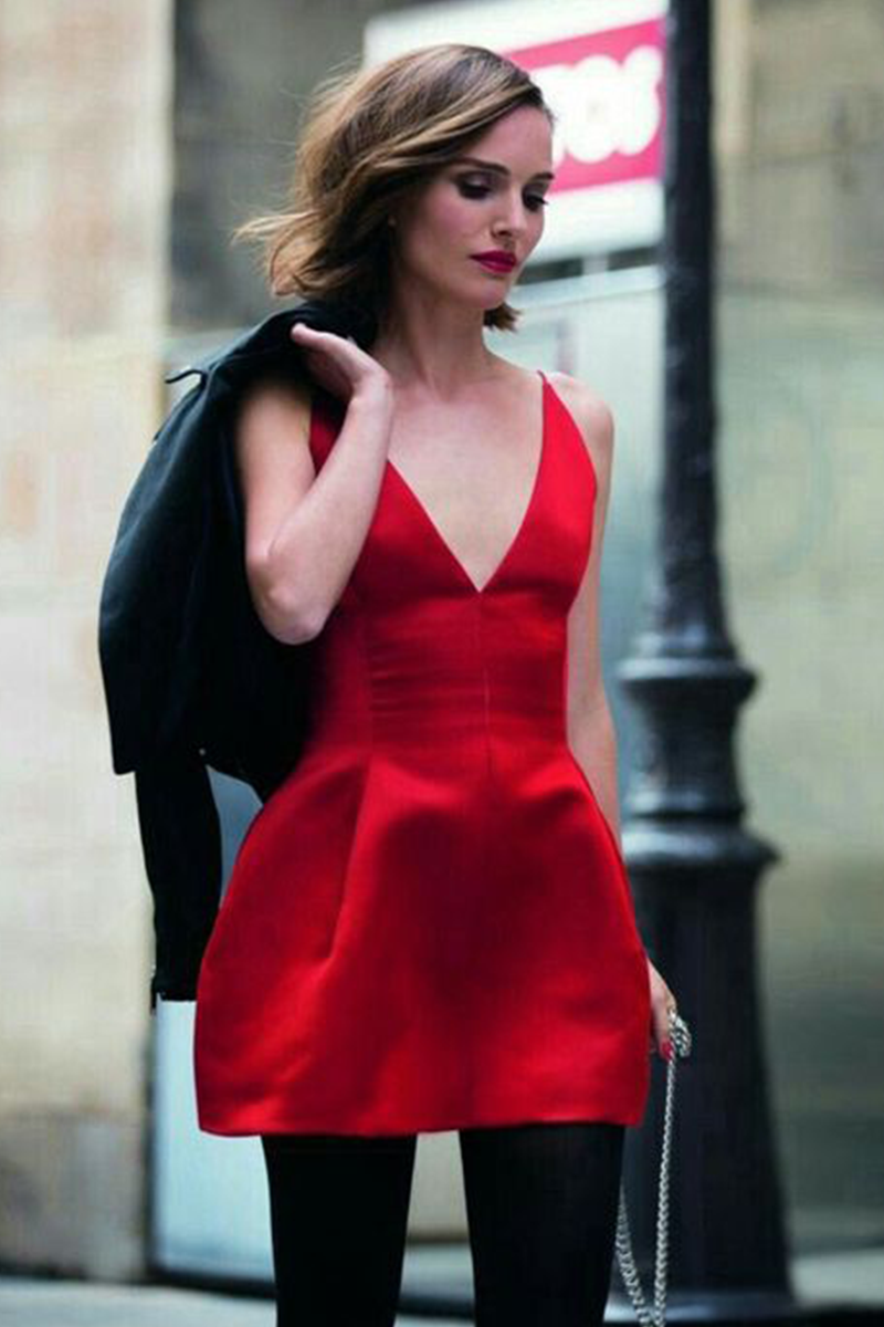 Natalie Portman Inspired Red V Neck A Line Mini Satin Cocktail Party Celebrity Dress