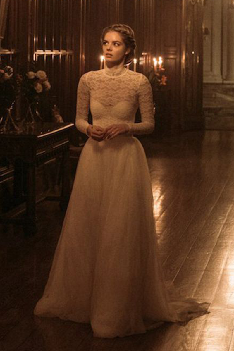 Samara Weaving White Lace Wedding Dress in Movie "Ready or Not