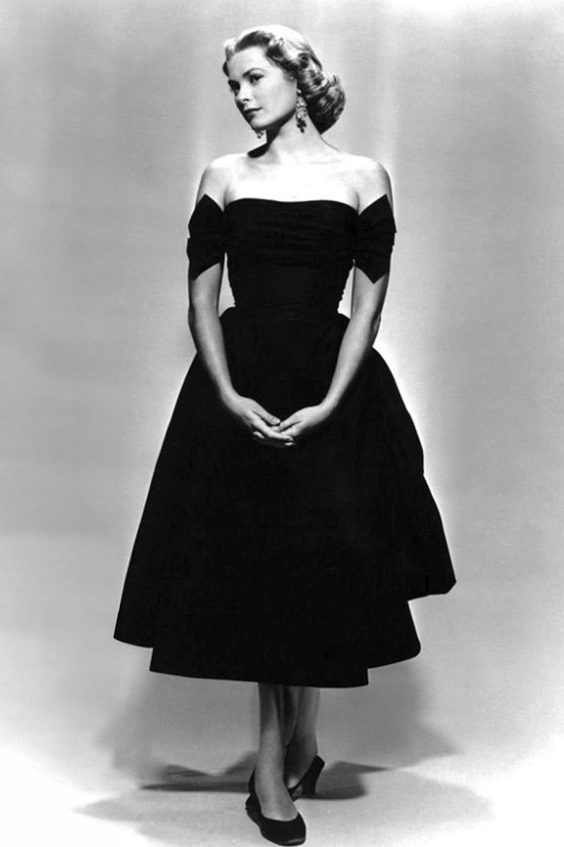Grace Kelly Black Off the Shoulder Tea Length Vintage Celebrity Dress