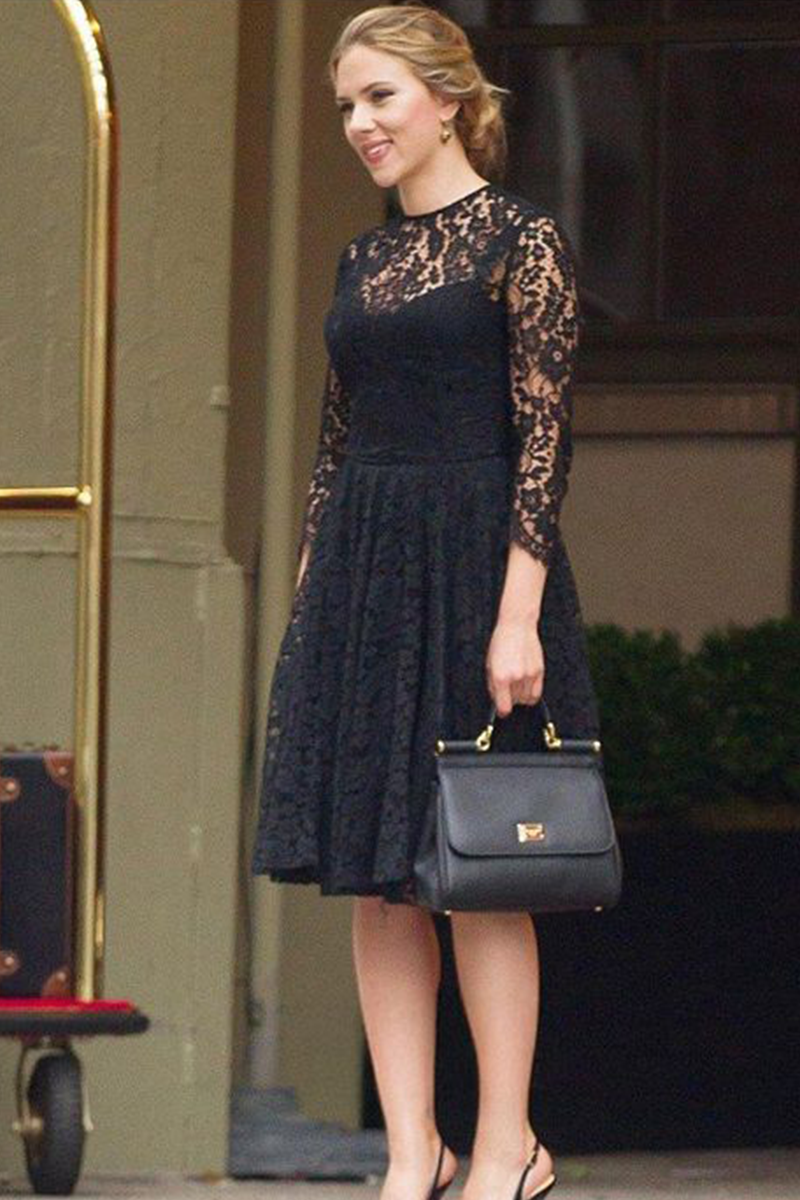 Scarlett Johansson Black Illusion High Neck A-Line Knee-Length Lace Celebrity Dress