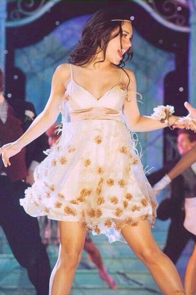Gabriella Montez Champagne Floral Appliqué Spaghetti Strap Tulle Mini Prom Dress High School Musical 3