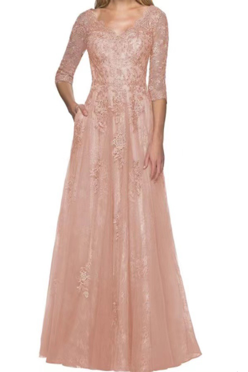 Scalloped V-Neck Tulle Floor-Length Formal Dress with