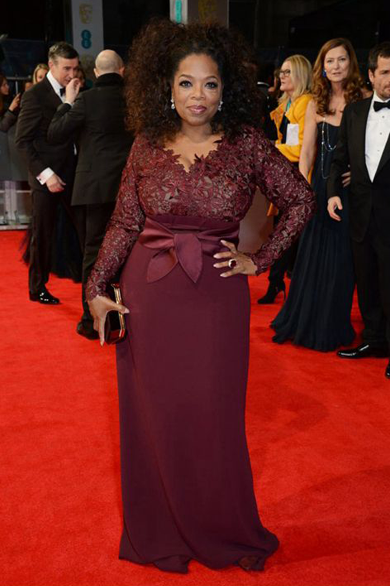 Oprah Winfrey Burgundy Lace Plus Size Celebrity Dress BAFTAs 2014