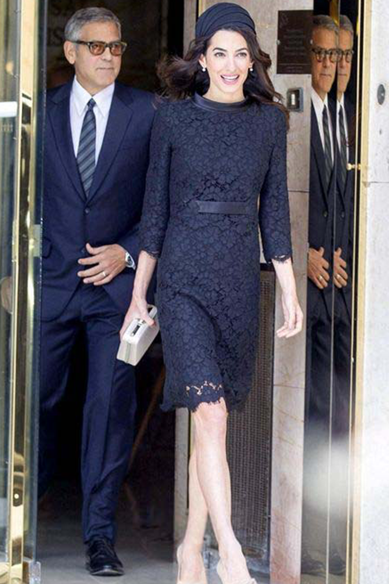Amal Clooney Navy Knee-length Lace Cocktail Party Celebrity Dress