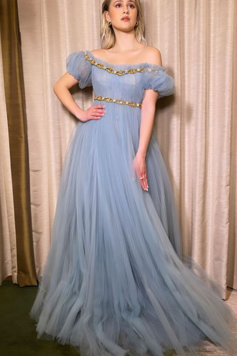 Maria Bakalova Inspired Blue Tulle Off-the-shoulder Prom Dress Independent Awards