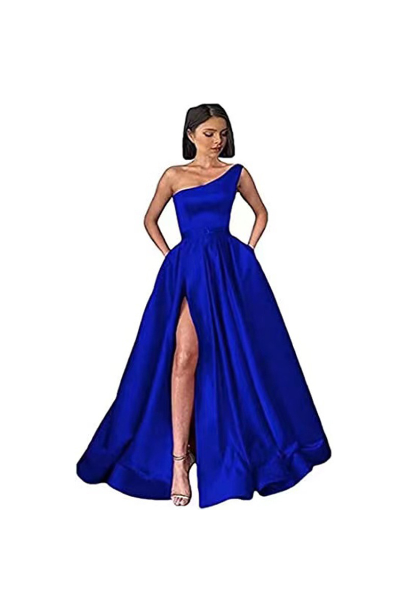 One-Shoulder Satin A-Line Evening Gown with High Slit and Pockets