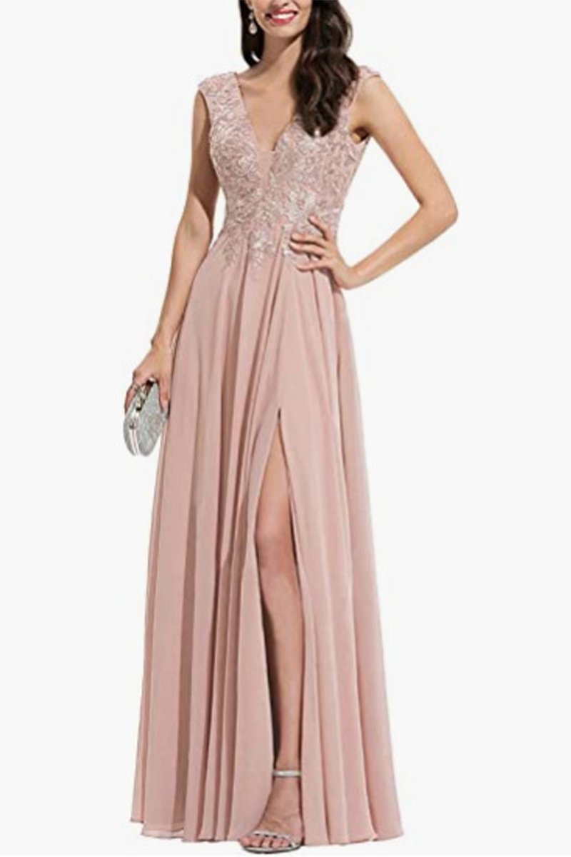 V-Neck Lace Appliqué A-Line Chiffon Evening Gown with Front Slit