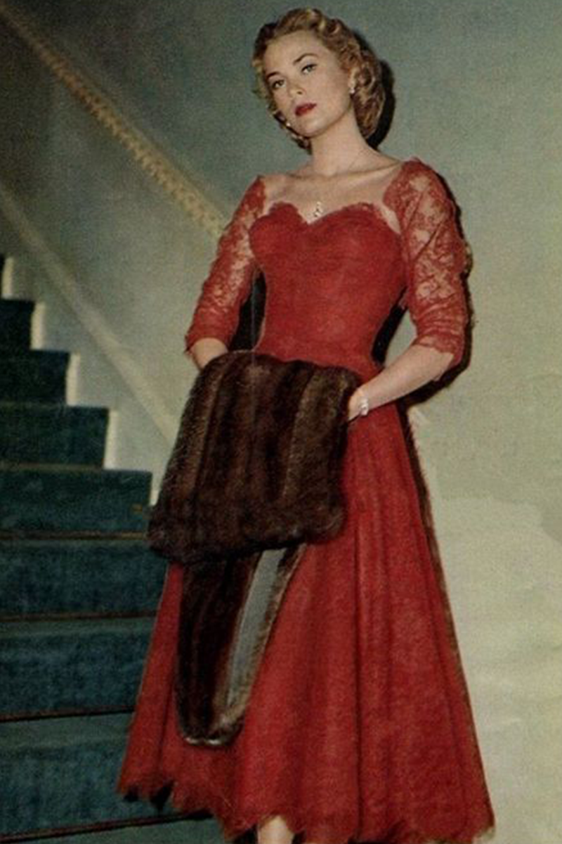 Grace Kelly Red Lace Tea-length Cocktail Party Vintage Celebrity Dress