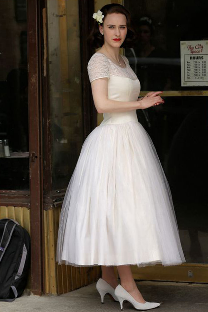 Charming Elegance – Short-Sleeve White Tulle Dress with Full Skirt Inspired by Rachel Brosnahan