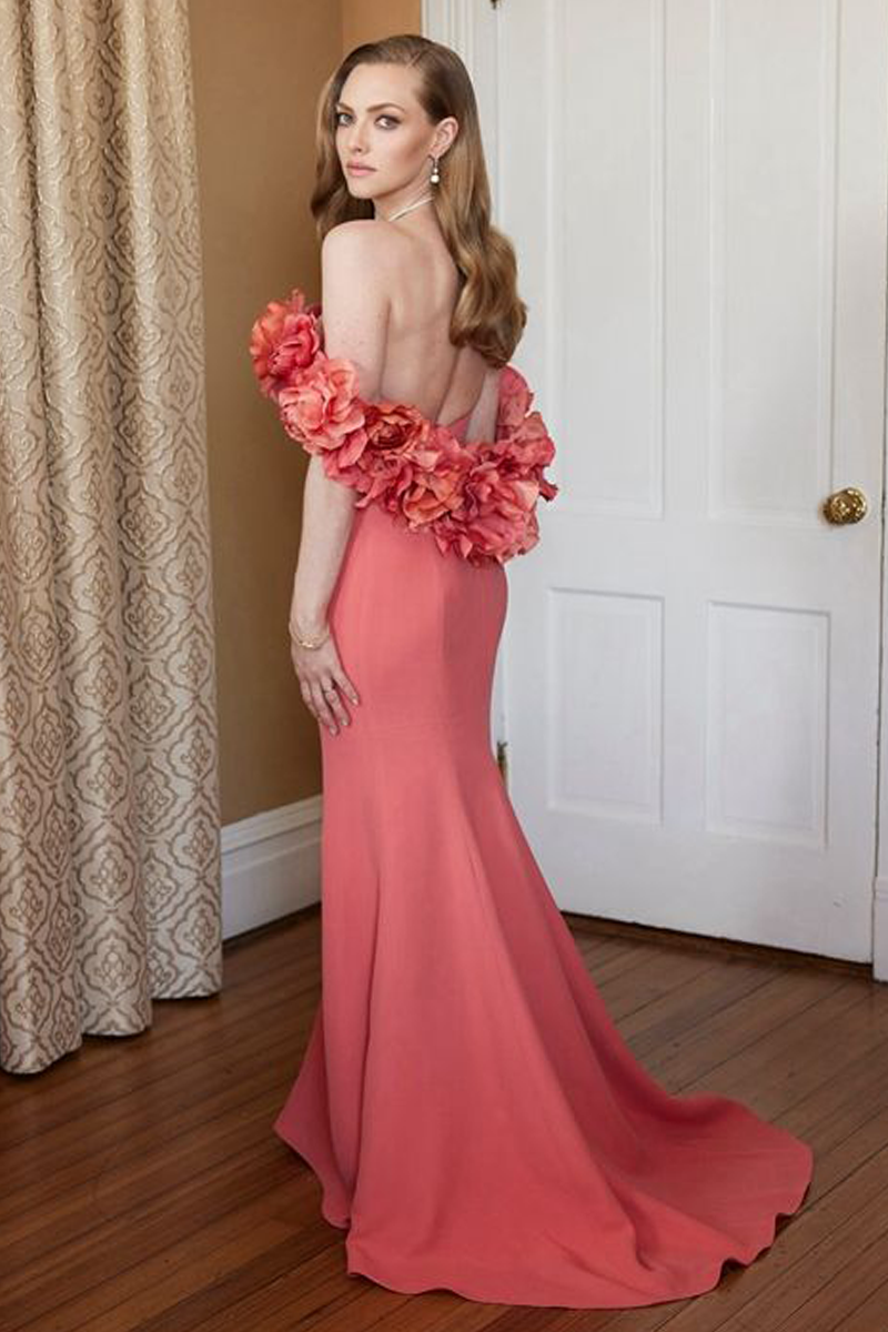 Amanda Seyfried Inspired Peach Floral Off-the-shoulder Dress Golden Globes 2021