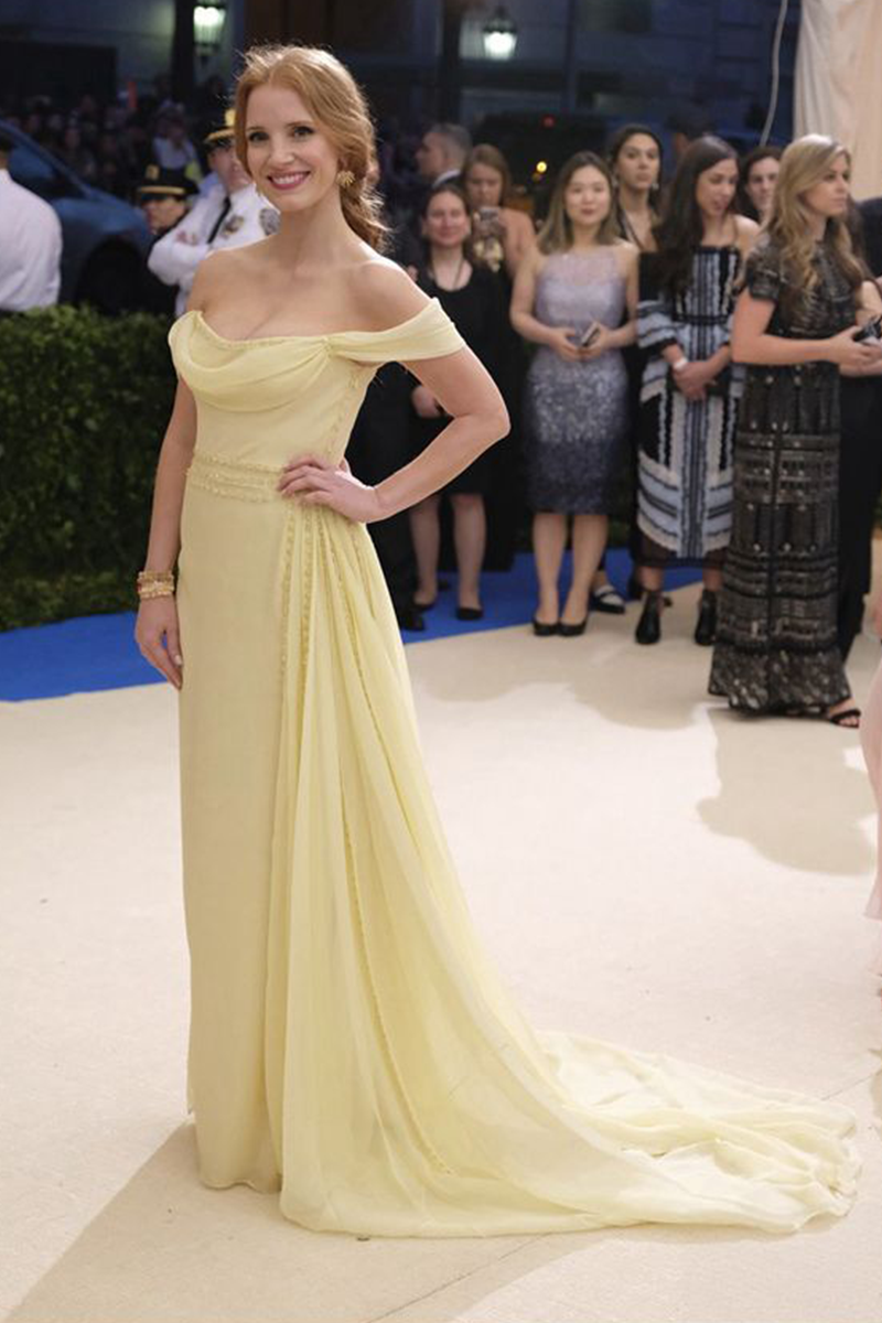 Sun-Kissed Majesty – Jessica Chastain Met Gala 2017–Inspired Buttercup Yellow Off-Shoulder Column Gown