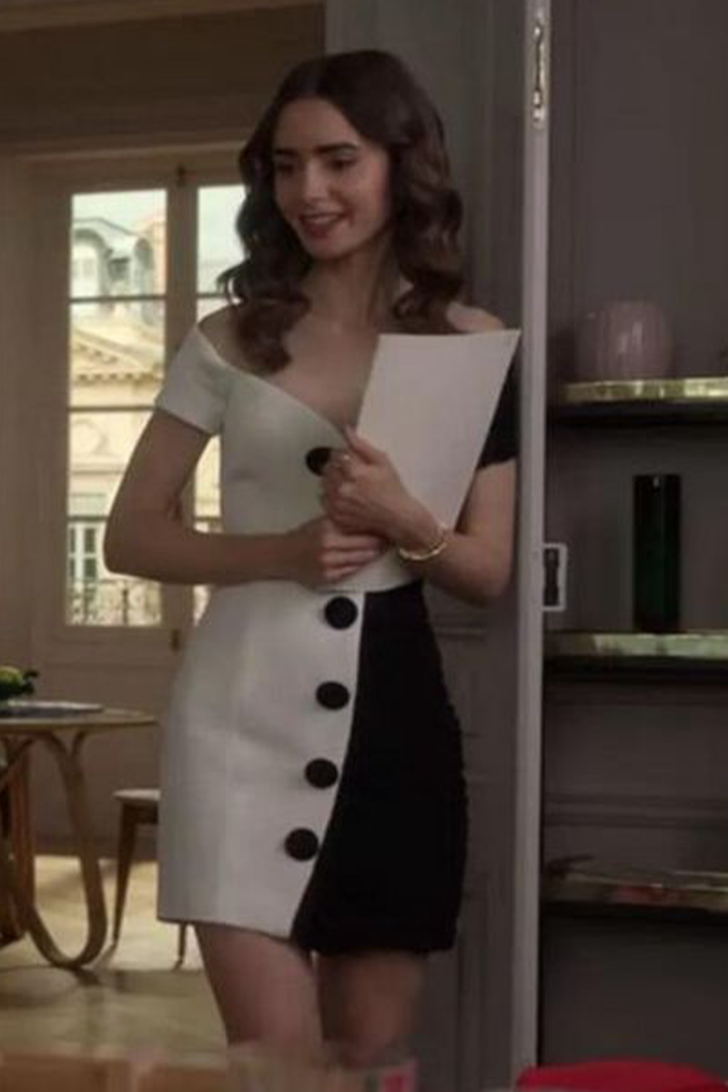 Lily Collins Short Black and White Off-the-shoulder Dress Emily in Paris