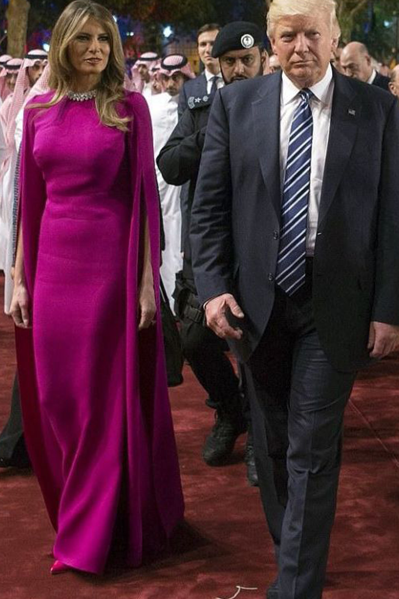 Fuchsia Majesty – Saudi Arabia State Visit–Inspired Fuchsia Crepe Cape-Sleeve Sheath Gown